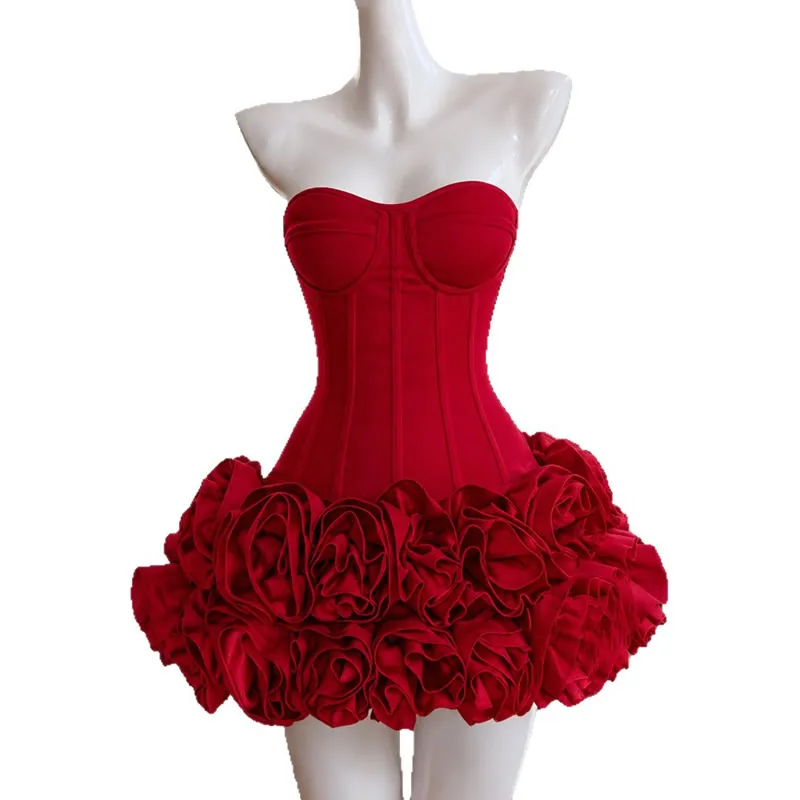 Women Sexy Red Solid Dress Strapless Mini A-Line Dress