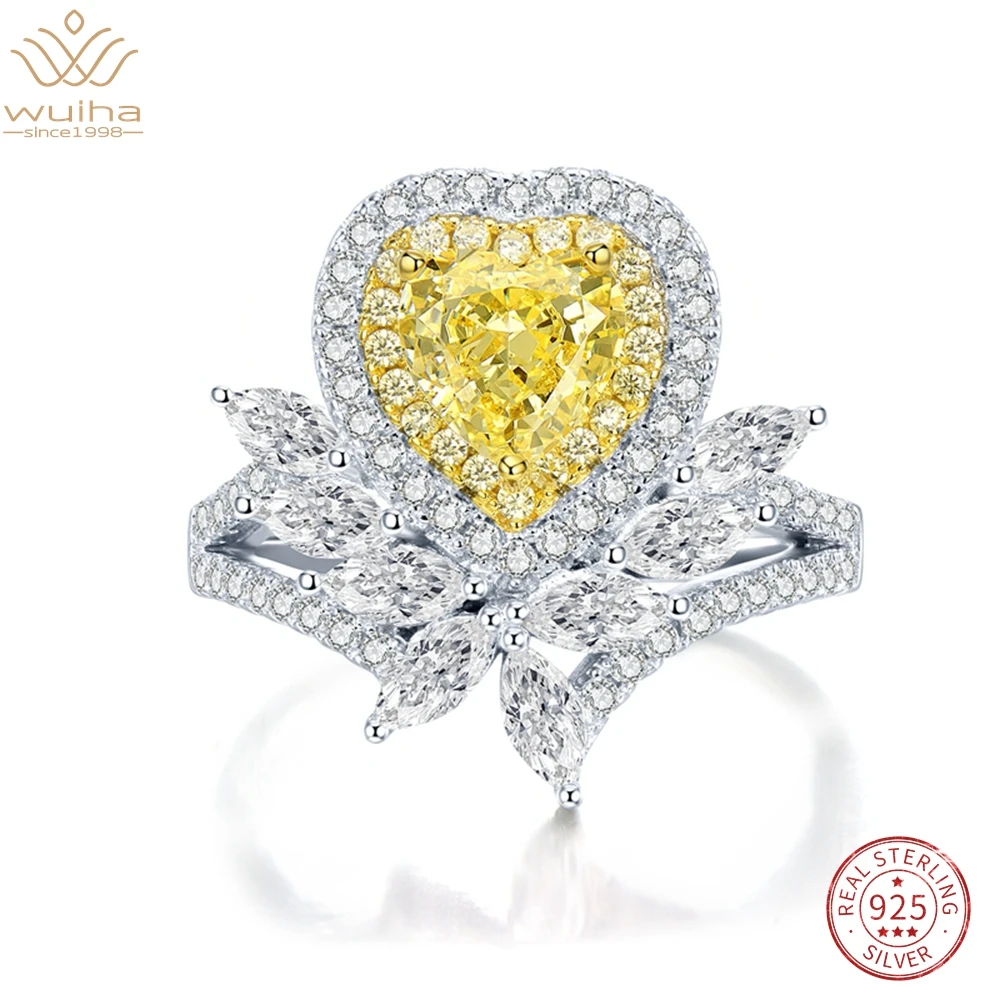 

WUIHA 925 Sterling Silver Crushed Ice Heart 6.5MM Yellow Sapphire Simulated Moissanite Gemstone Ring for Women Gift DropShipping