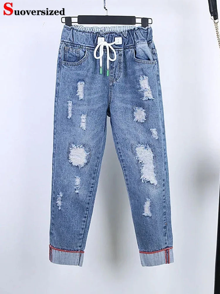 Calças jeans rasgadas de cintura alta feminina, jeans até o tornozelo, streetwear extragrande, moda larga, harém, novo, 26-40