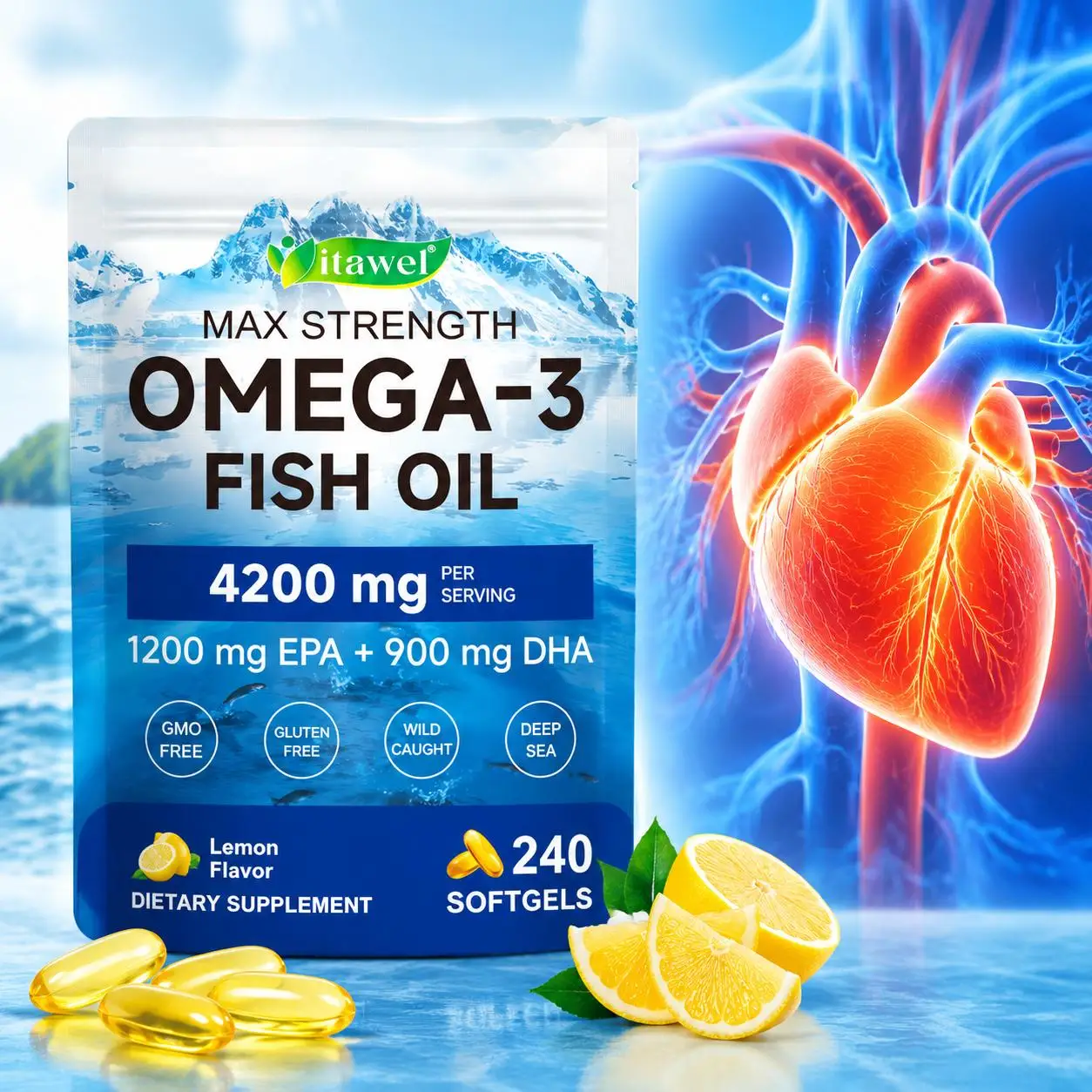 Omega 3 Fish Oil Softgels Promote Heart Health Cardiovascular Support & Joint Comfort & Muscle Recovery 240pcs for Healthy Aging