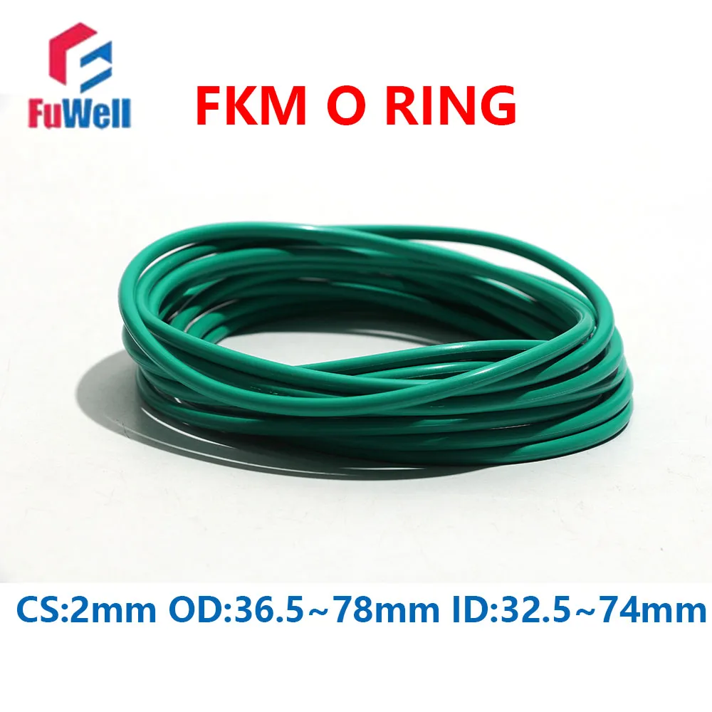 Fuwell 200pcs FKM Green Fluorine Rubber O-Ring OD 36.5~44mm Thickness CS 2mm O-Rings Sealing Gasket Oil/Acid/Alkal Resistance