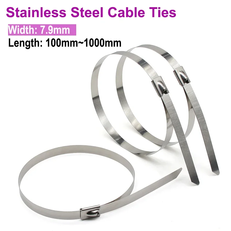 20/50/100pcs Width 7.9mm Stainless Steel Zip Tie Exhaust Wrap Coated Locking Cable Ties Multi-Purpose Locking Metal Cable Tie