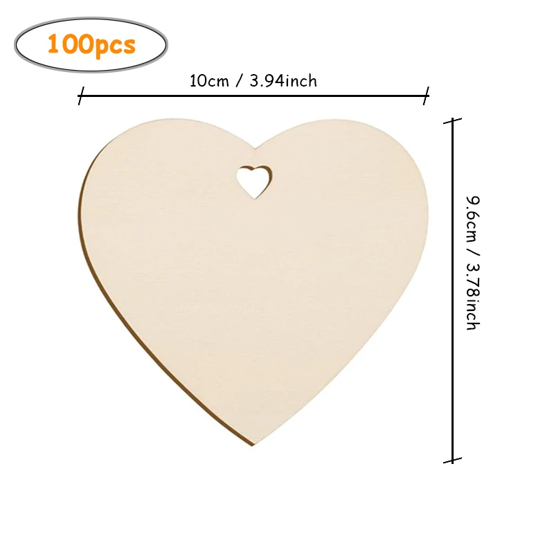 100pcs/lot Natural Wooden Heart for Crafts, Unfinished Heart Shaped Wood Slice with Twines for Valentine's Day Wedding Ornaments