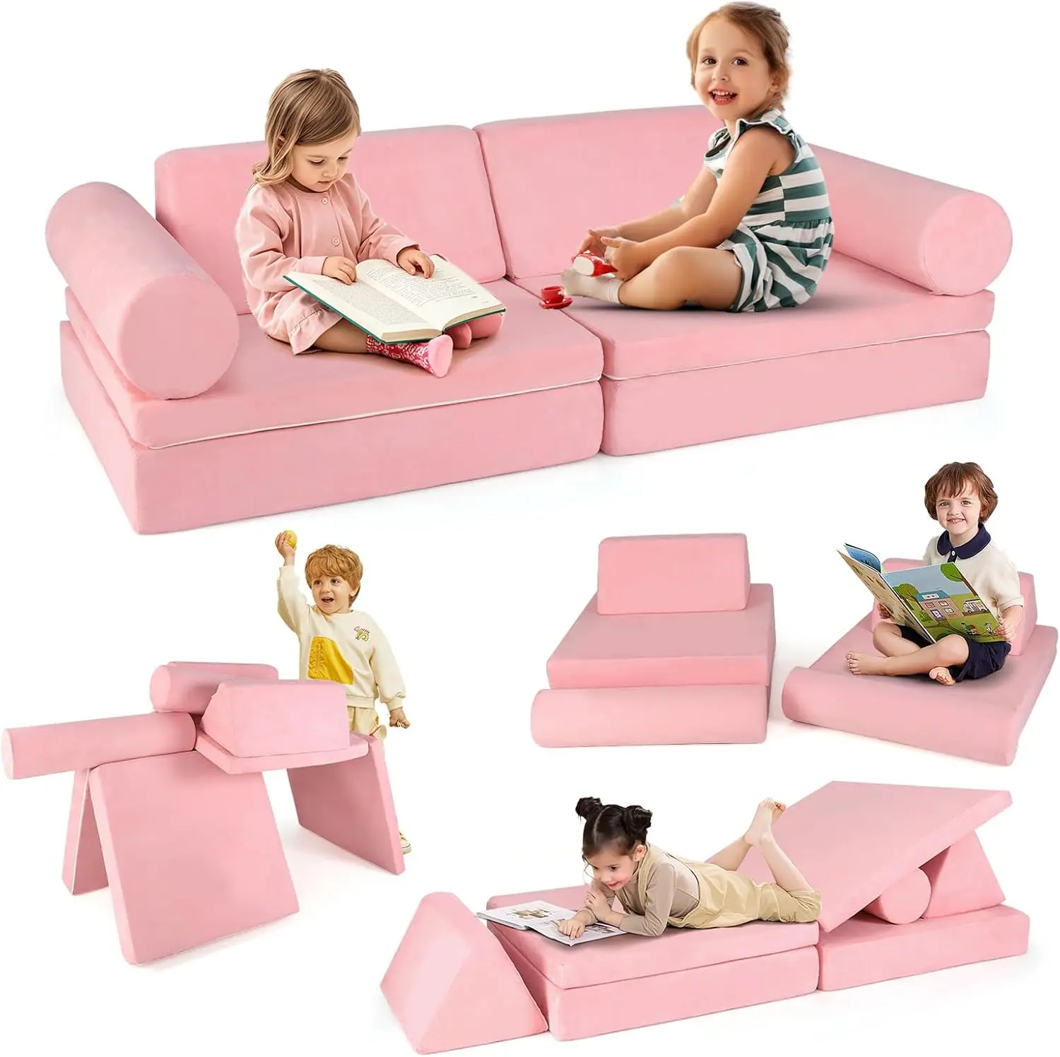 8 Pcs Modular Kids Play Couch, Toddler Sectional Sofa Chair, Convertible Baby Pink Sofa & Floor Cushion, Bedroom & Playroom