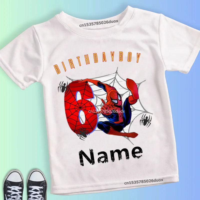 Camiseta de superhéroe para cumpleaños, camisa de verano de Marvel, Spiderman, chica, nombre personalizado, 2, 3, 4, 5, 6, 7, 8, 9