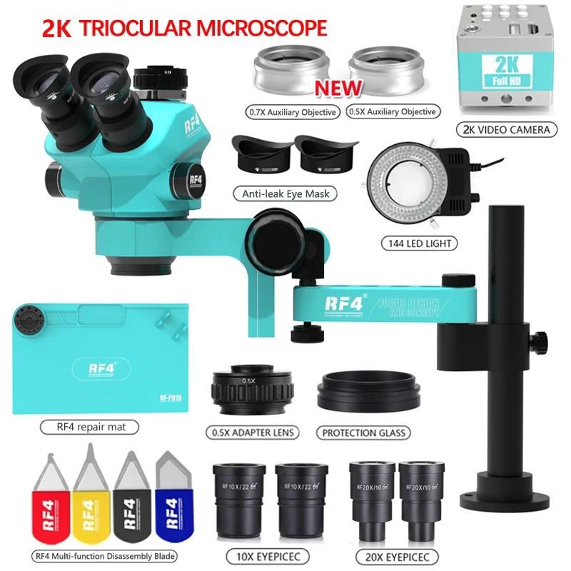 RF4 Trinokulares Stereomikroskop-Set 360° °   Rotation Gelenkarm Ständer Telefon Löten PCB Reparatur RF7050TVPRO-F019