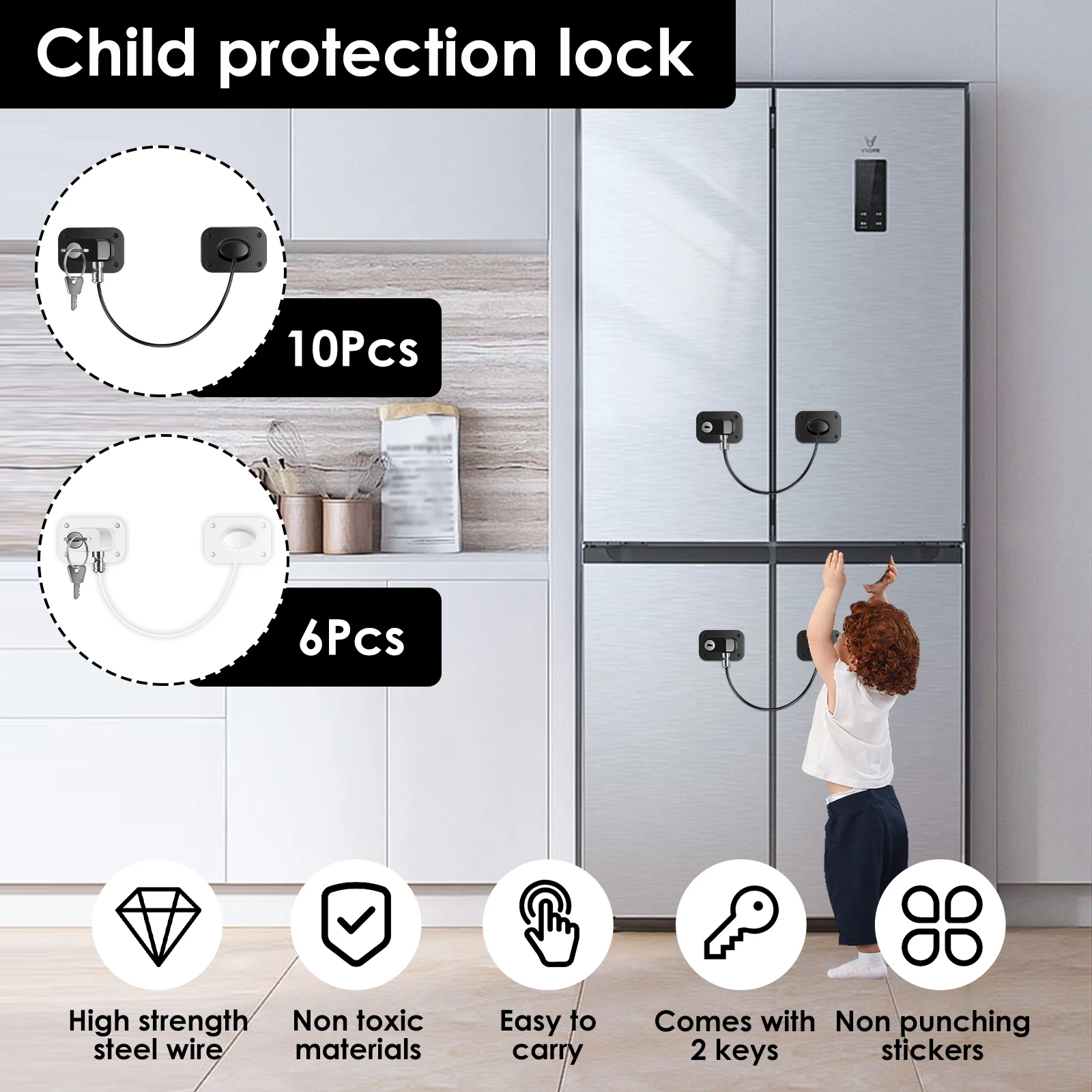 10/6Pcs Freezer Lock Child Proof Refrigerator Lock with Key Self Adhesive Fridge Lock Combo Child Safe Freezer Door Lock