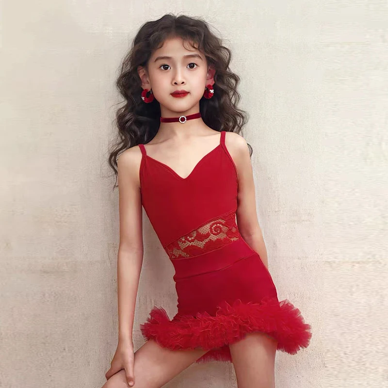

Kids Latin Dance Clothes Girls Red Lace Tops Fluffy Skirt Cha Cha Rumba Samba Dance Performance Dress Practice Clothing BL15909