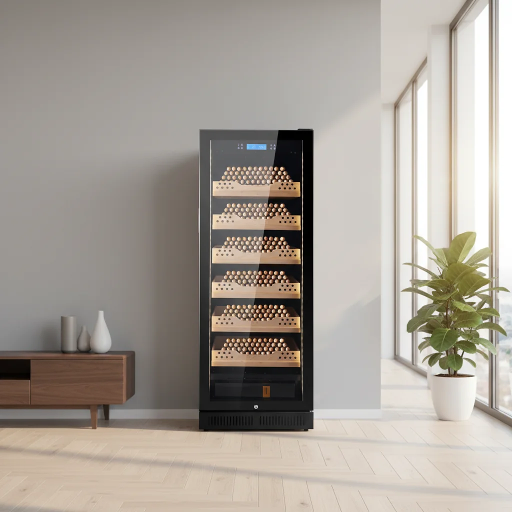 

Роскошный вместительный компрессорный холодильник-хумидор для сигар