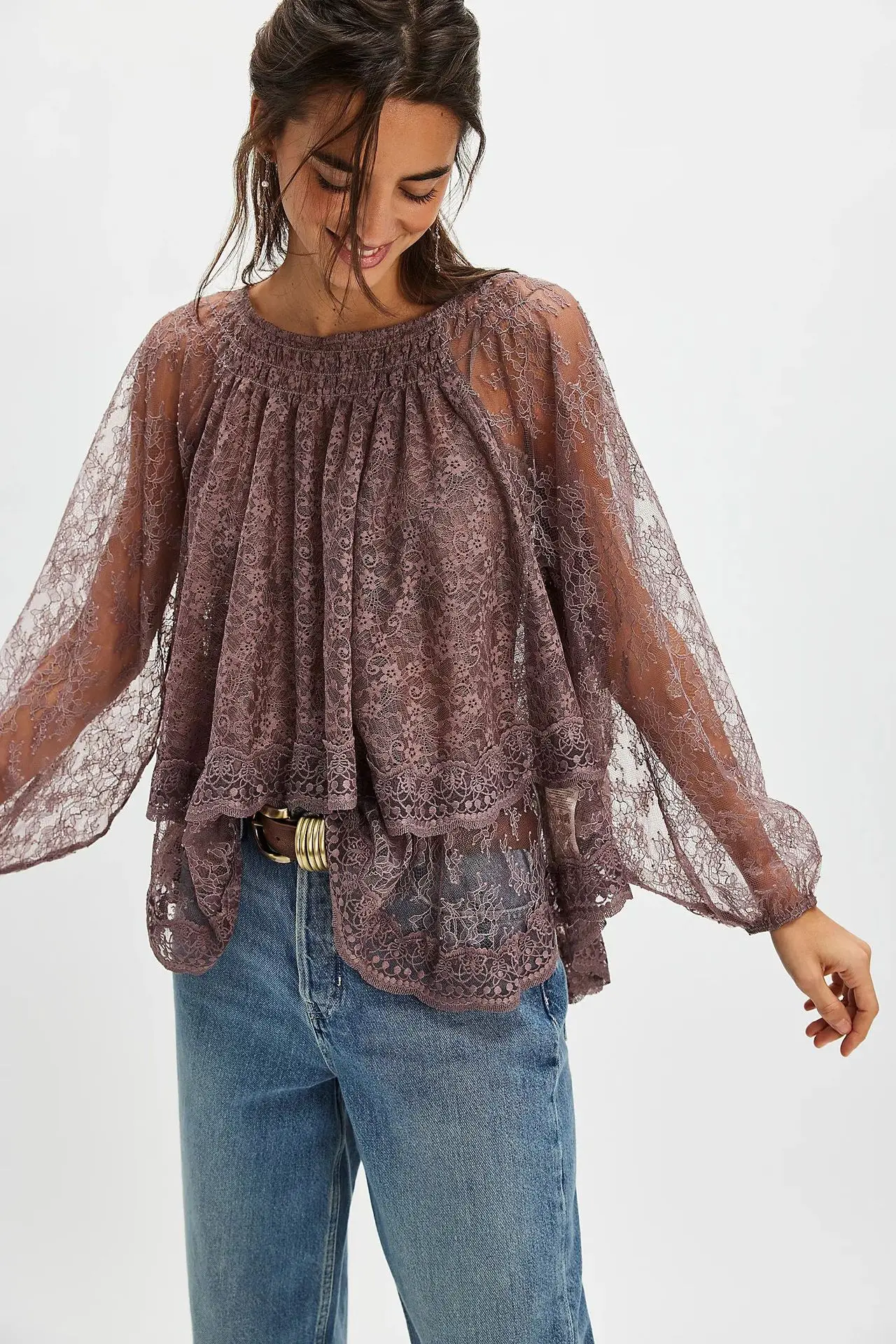 THRUM Women Lace Blouse Bow Tie Self-Tie One Shoulder Off Shoulder Shirred Double Layer Lace Top Elegant Sweet Casual Shirt