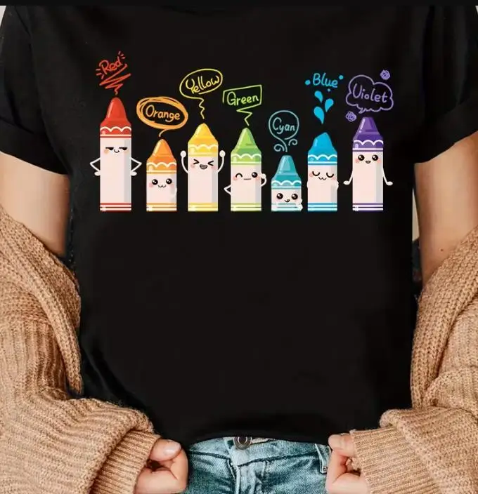 Rainbow Crayon Teacher T-shirt for Women Kawaii Crayon Characters Print Round Neck Short Sleeve Preschool Kindergarten Teacher Tops