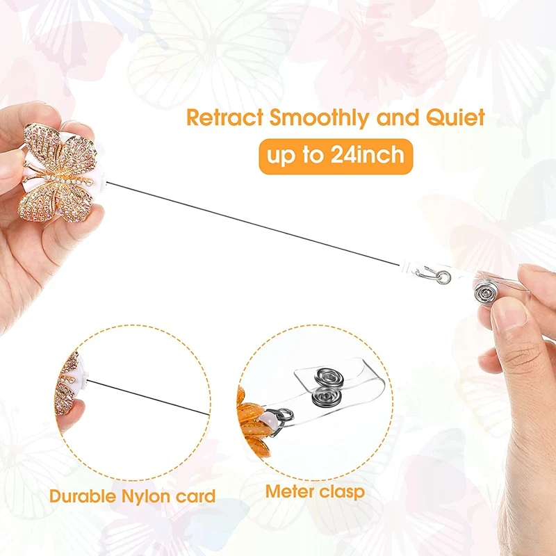 4 Pieces Butterfly Rhinestone Badge Reels Retractable Crystal Sunflower Badge Holder Name ID Badge Holder With Clip