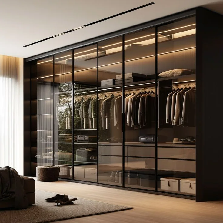 Modern Luxury Bedroom Closet Storage  Aluminum  l Shape Sliding Door Glass Double Wardrobe with Light