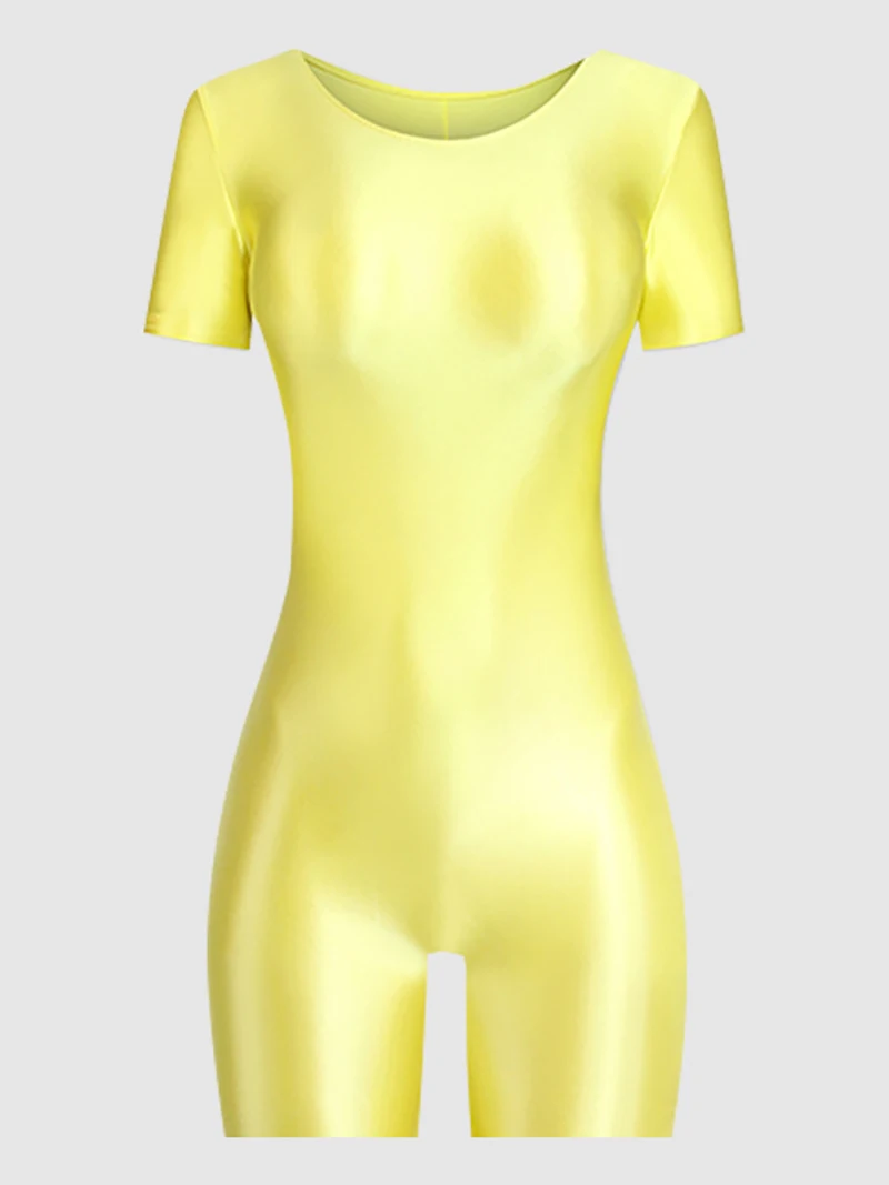 Celana Pendek Leotard Senam Wanita untuk Menari Balet Lengan Pendek Acrobatics Mengkilap Leotard Senam Elastis Jumpsuit Pakaian Tari