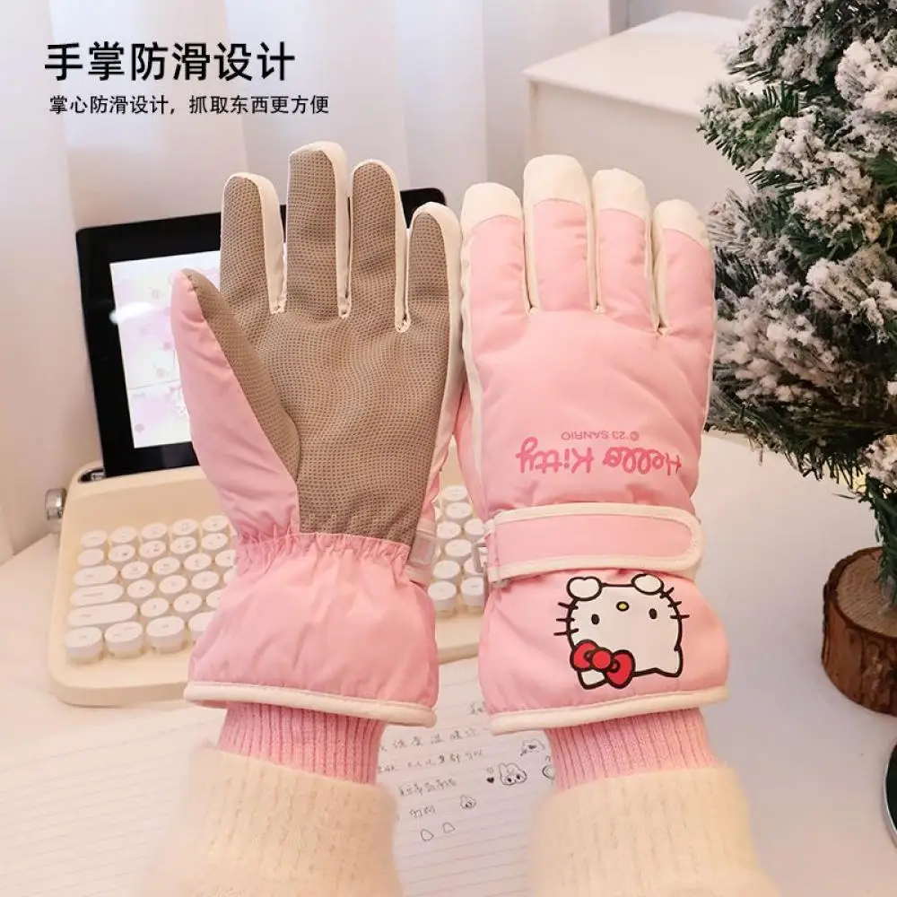 Sanrioed Kawaii Hello Kitty Warm Plush Touch Screen Ski Gloves Anime Cinnamoroll Soft Gloves Winter Outdoor Windproof Girls Gift