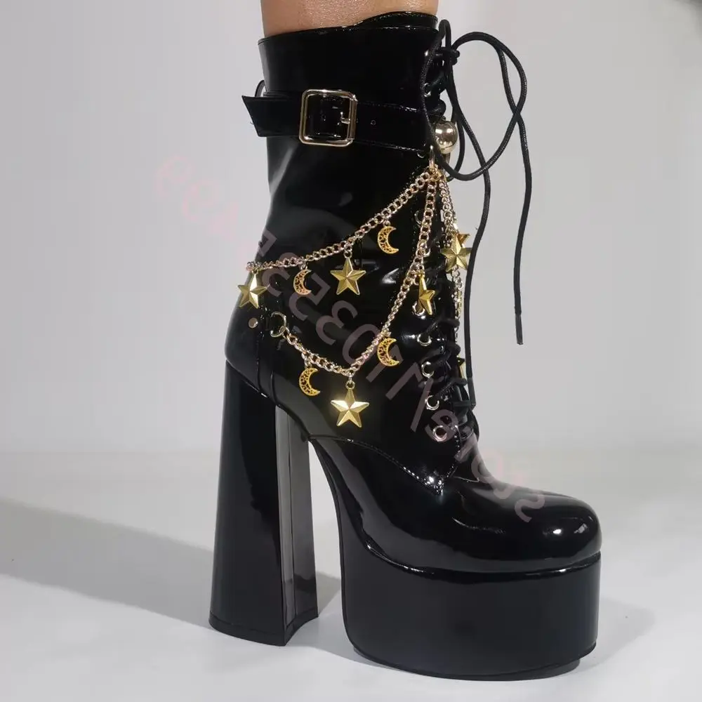 

Black Patent Leather Platform Chain Short Boots 2025 New Round Party Thick High Heels Fashion Women's Belt Buckle Catwalk Boots