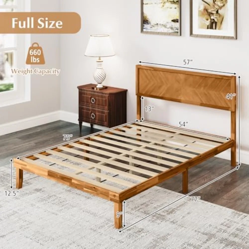 Full Size Wood Bed Frame with Headboard, Solid Acacia Wood Platform Bed Frame, Wooden Slats Supported Bed Base with
