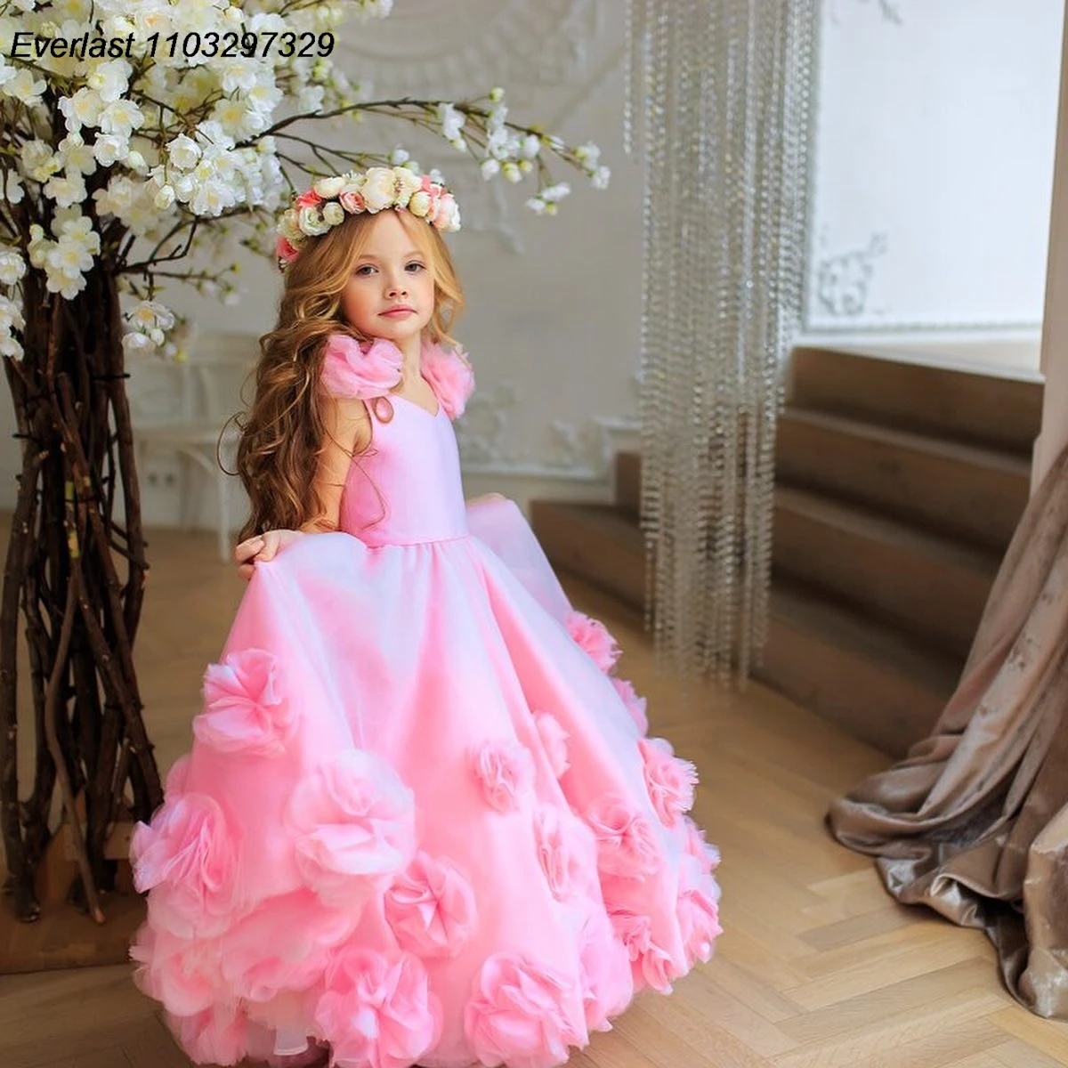 

EVLAS Cute Pink Flower Girls Dress For Wedding 3D Floral Children Kids Party Communion Birthday Pageant Gowns Photoshoot TFD140