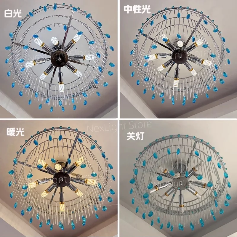 French medieval light luxury blue crystal chain pendant light American living room dining room bedroom new lighting fixtures