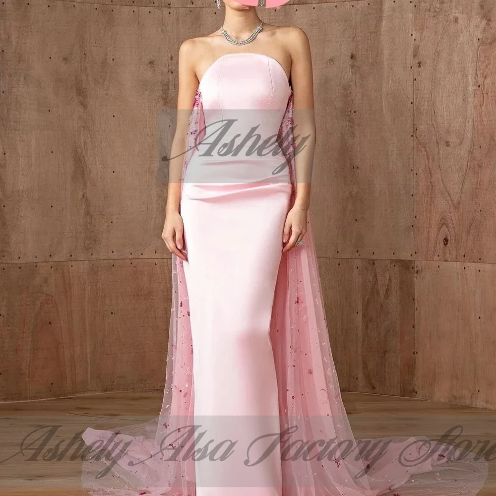 A2325 고품질 핑크 여성 이브닝 드레스 트레인 Strapless 새틴 Tulle 인어 웨딩 파티 공식 행사 맞춤형