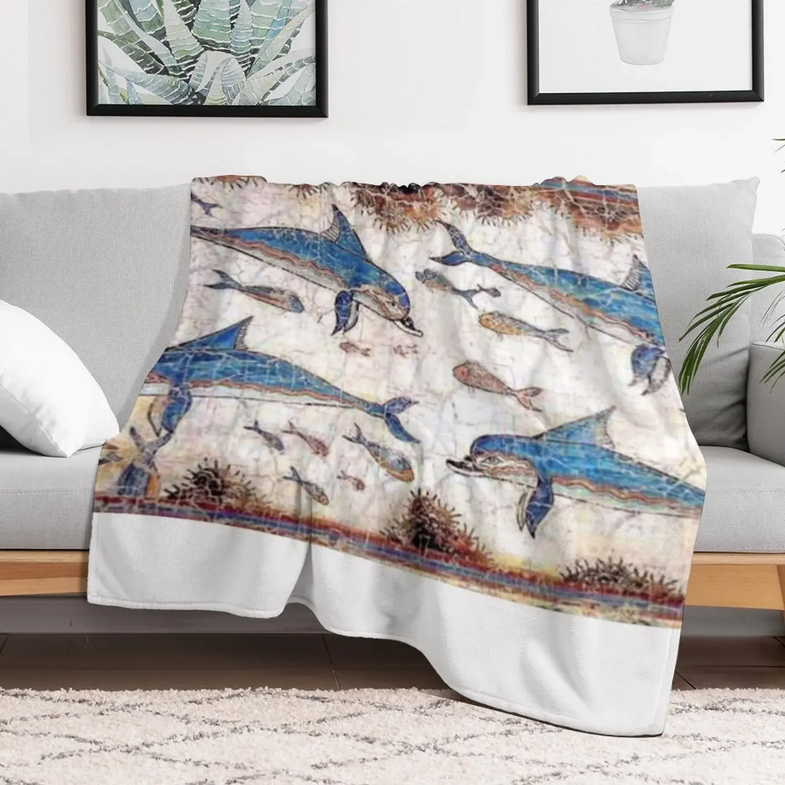 Minoan Dolphins Fresco Throw Blanket Plaid Soft Blankets