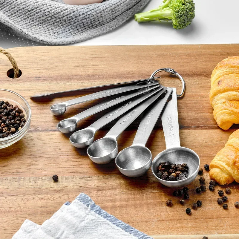 Stainless Steel Measuring Spoons Cups Set Small Tablespoon with Bonus Leveler Etched Markings Removable Clasp for Kitchen