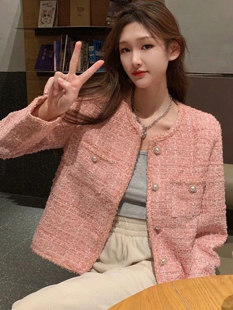 Korean O-neck Tweed Cropped Jackets Tops Women Casual Loose Single Breasted Abrigos Fall Winter Chic Long Sleeve Coats Blusas