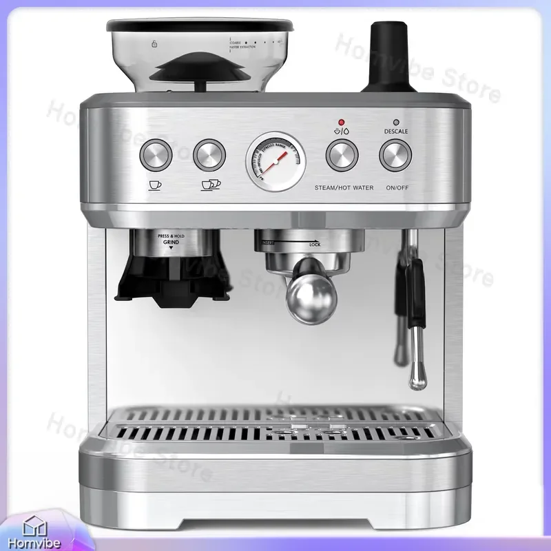 15 Bar Espresso Machine with Built-in Grinder Stainless Steel Coffee Maker with Milk Frother for Home Latte Cappuccino
