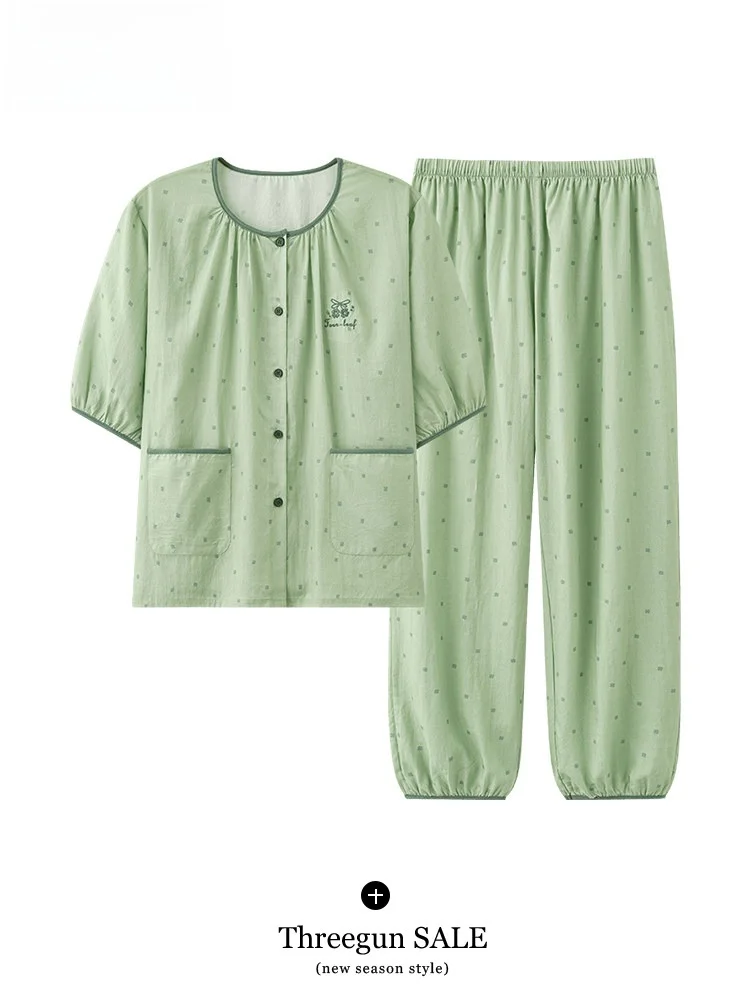 three-gun-ladies-summer-pure-cotton-sleepwear-thin-seven-sleeve-long-pants-home-clothes-set-casual-style-printed-comfortable
