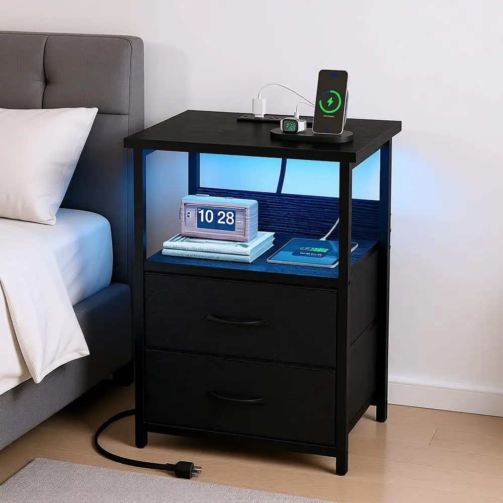 

LED Nightstand with USB Ports and Outlets, Fabric Storage Drawers, Small Bedroom Table, Black