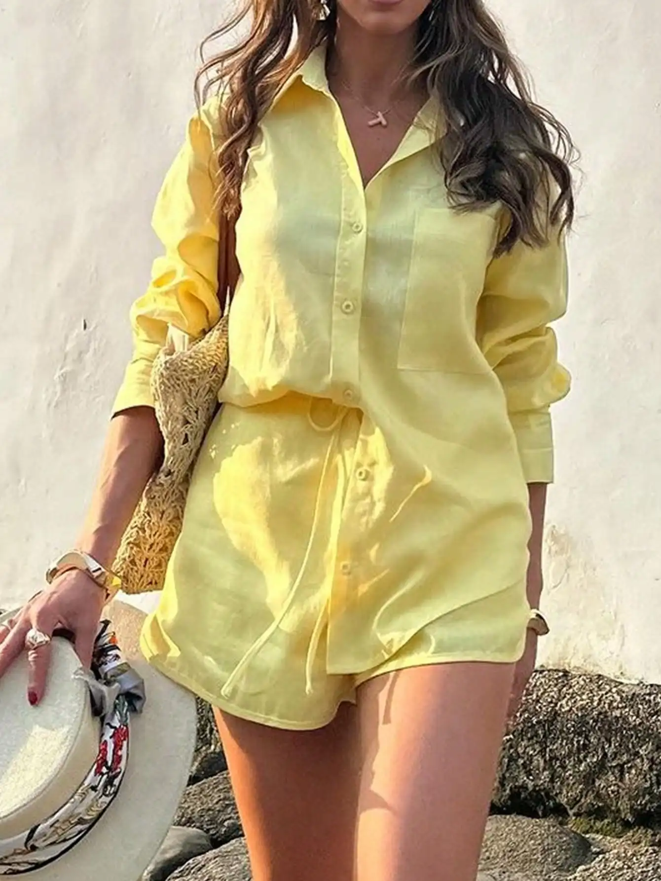 

Women's 2-Piece Set Solid Color Cotton Casual Long Sleeve Shirt And Loose Shorts