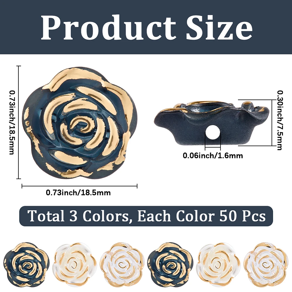 150 piezas, 3 estilos, cuentas de perlas de resina transparentes, flor con incrustaciones de metal dorado, colores mezclados, 18,5x18,5~19x7,5 mm, agujero: 1,6~2 mm