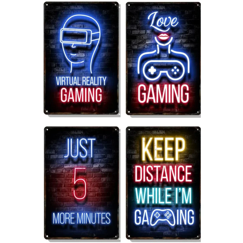 Gamepad Metal Poster Neon Light Glow Lettering Decorative Tin Sign Game Room Wall Art Plaque Modern Home Aesthetic 8 X 12 Inch