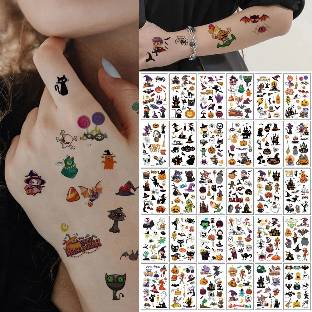 

30pcs Pumpkin Waterproof Tattoo Stickers Halloween Bat Ghost Temporary Tattoo Fake Tattoo Suitable for Hand Body Art Deco