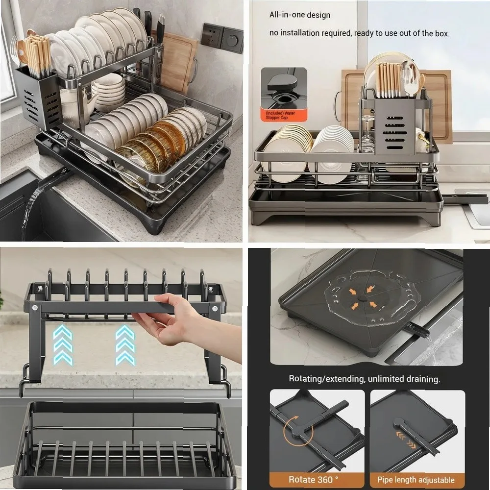 Adjustable Stainless Steel Dish Drying Rack with Drainboard, Over Sink Plate Organizer & Storage