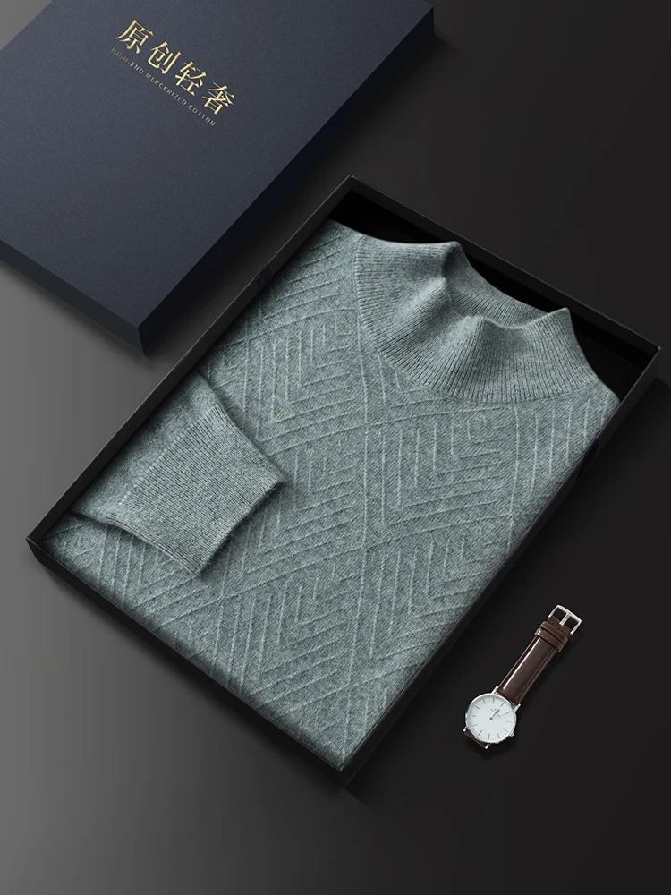 New Men 100% Cashmere Sweater Diamond shaped Fold line Mock Neck Pullover Autumn Winter Cashmere Knitwear Smart Casual Clothing
