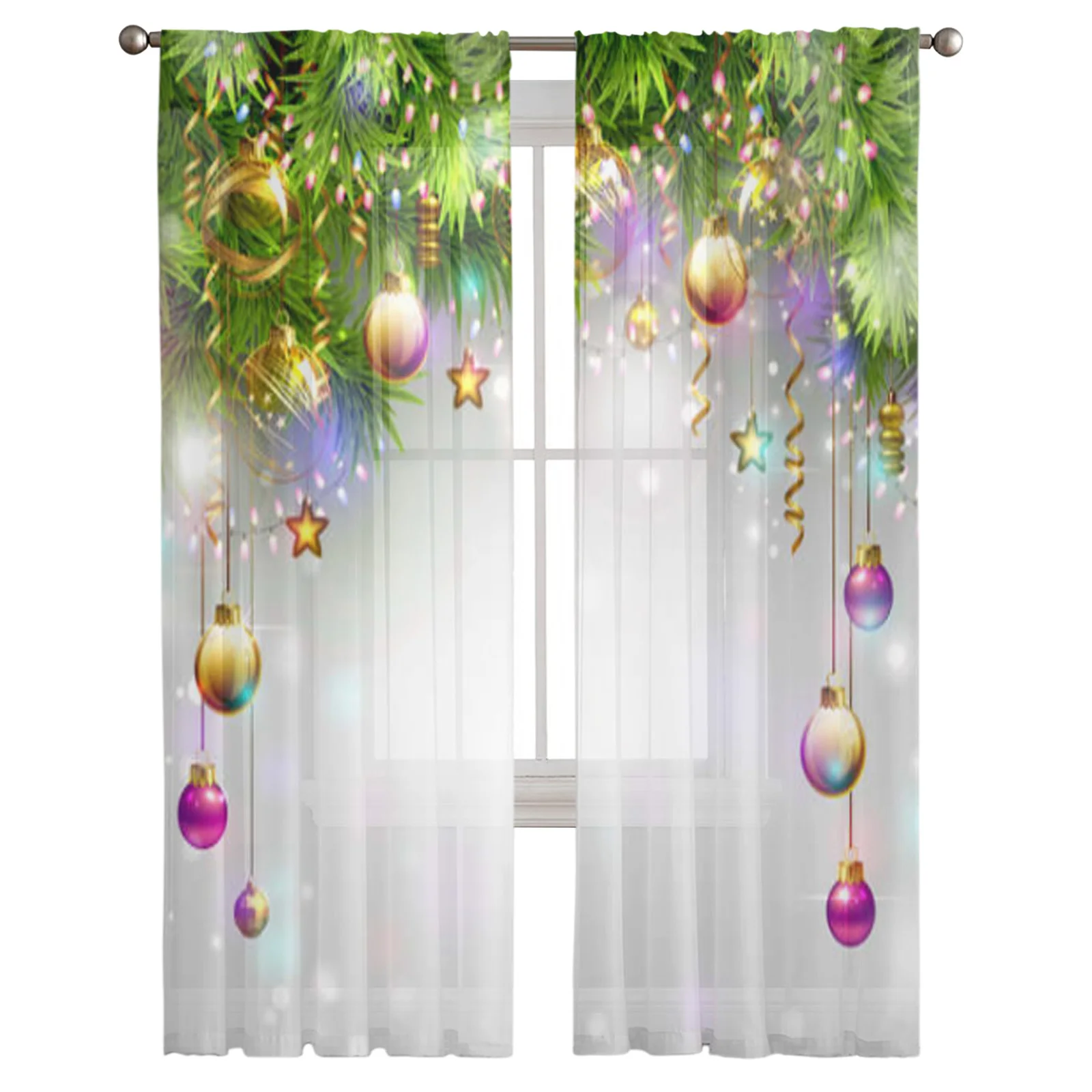 Christmas Balls And Fir Branches Tulle Window Curtain For Living Room Bedroom Voile Sheer Curtains Kitchen Treatments Drapes