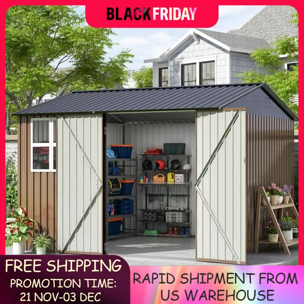 

10x10 FT Outdoor Storage Shed, Large Metal Tool Sheds Frame Structure and Lockable Doors, Garden Shed for Backyard Garden