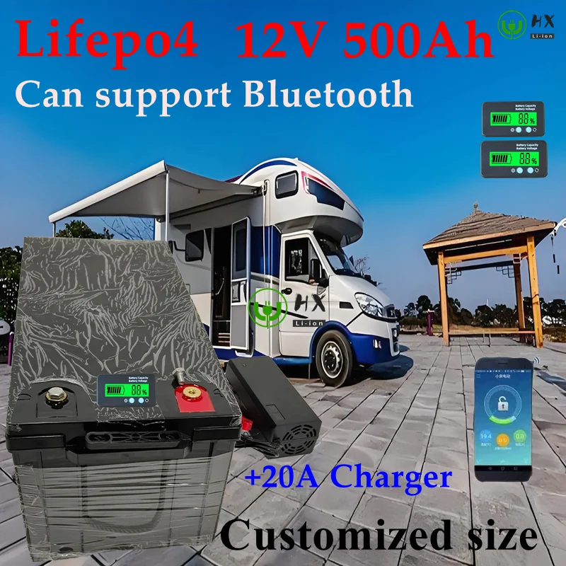 HX-waterproof 12V 500AH Lifepo4 battery lithium bluetooth BMS APP 4S 12.8V 500Ah for golf cart Solar Storage boat +20A charger.