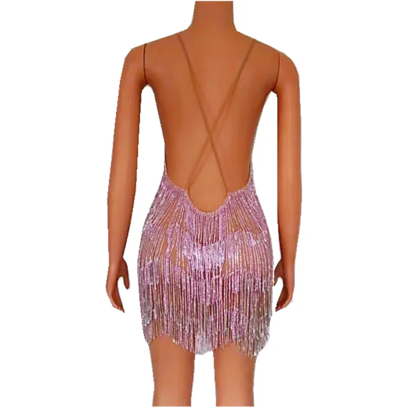 luxurious Silver Crystals Chains Transparent V-neck Backless Dress Fashion Stones Design Performance See Through Outfit Costume