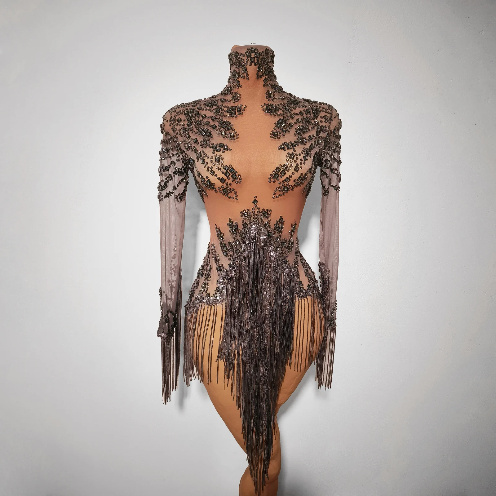 

Luxury Sexy Sparkle Full Crystal Black Mesh tassel Dress Women Sequin Dj Club Party Birthday Latin Drag Queen Dance DS Outfits