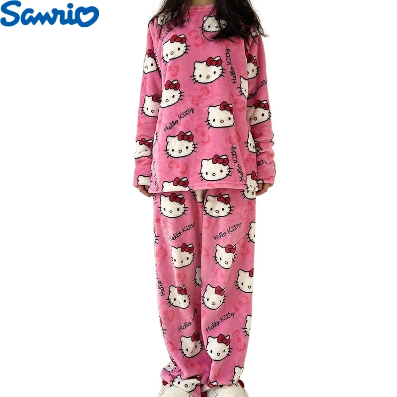 

2Pcs/Set Hello Kitty Pajamas Pants Anime Sanrio Sleepcoat Cartoon Cute Home Wear Couple Loungewear Warm Pajama Set Girl's Gift