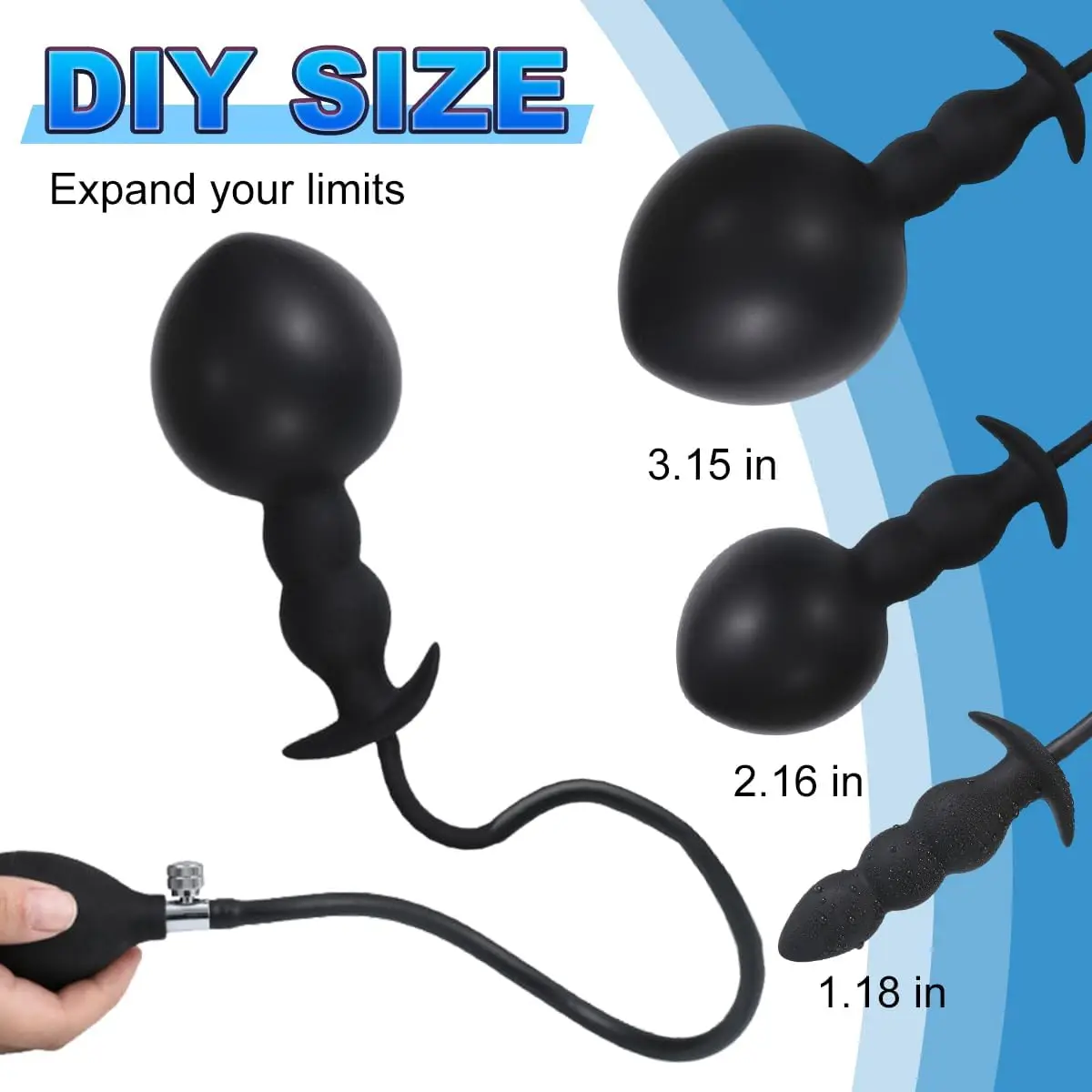 سدادة مؤخرة قابلة للنفخ، قطر قابل للتعديل 1.18 بوصة إلى 3.15 بوصة، قابس شرجي قابل للنفخ مع صمام تحرير سريع