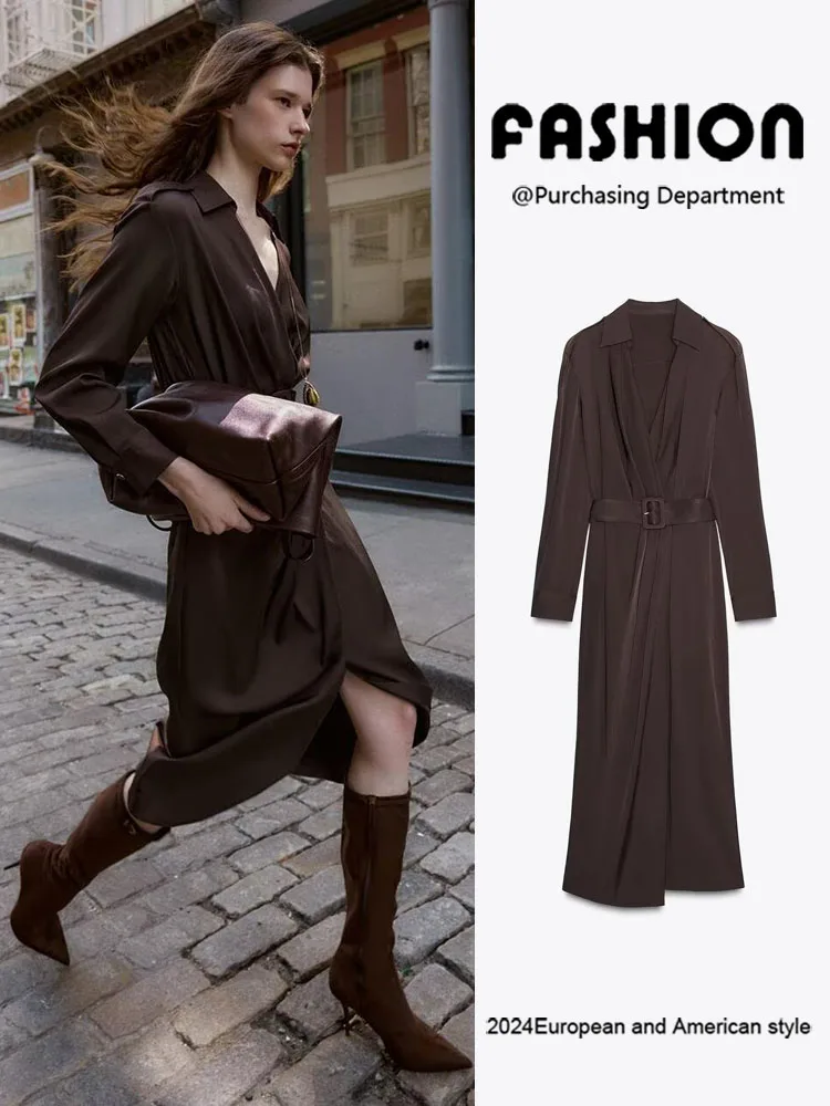 

Faionable Slimming Midi Dr with Belt Double Lapel New Arrival Women's Clothing Autumn 2025 Ele Trendy Gown