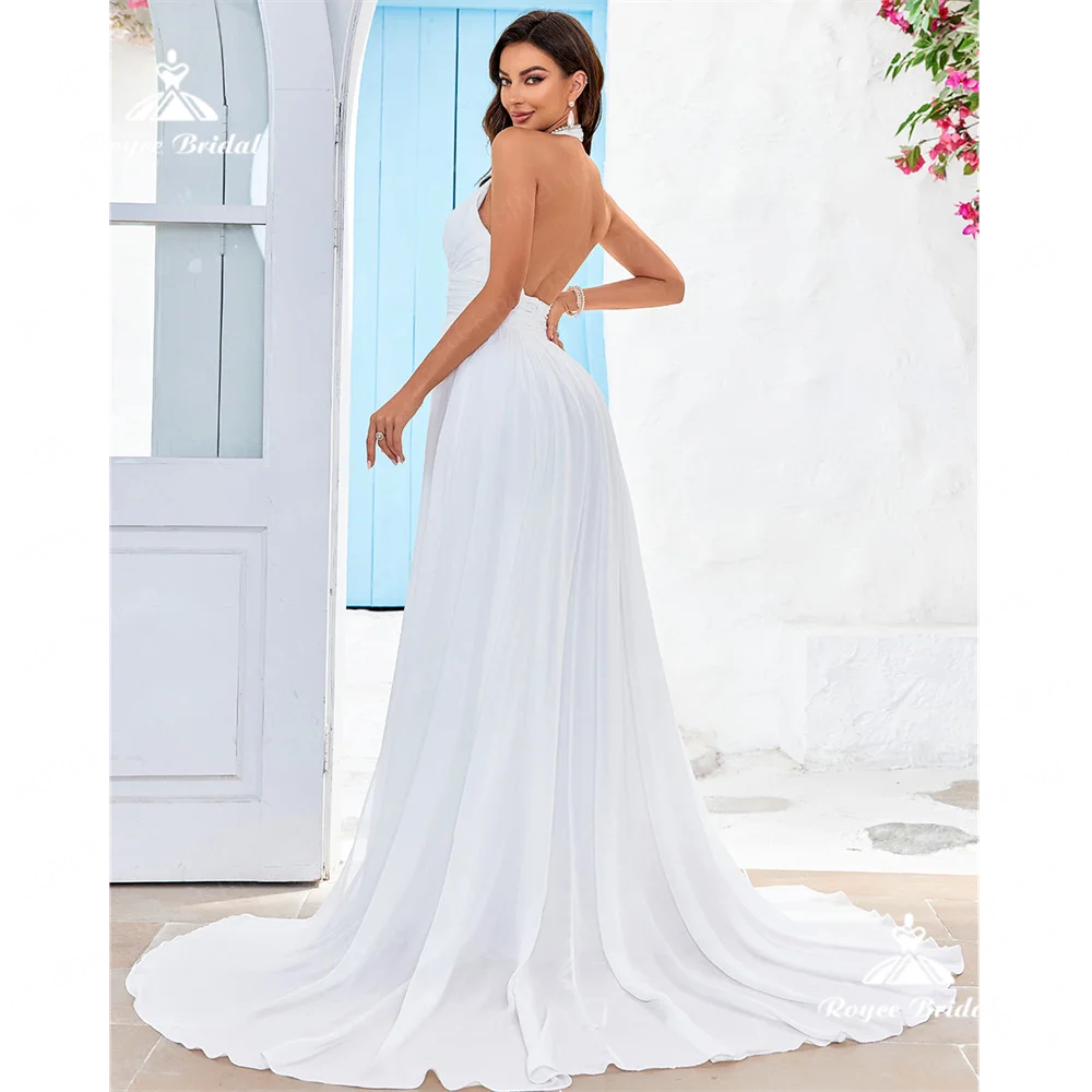 Roycebridal Halter A Line abito da sposa 2025 spacco laterale Chiffon corte treno abito da sposa vestidos de noviarobe de muslimpar