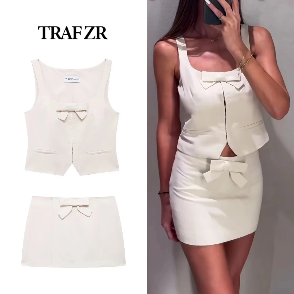 TRAF ZR Vintage Women\'s Suit 2 Pieces Skirt Sets Bow Hidden Breasted Cardigan Set Square Collar Tank Top + Mini Straight Skirt