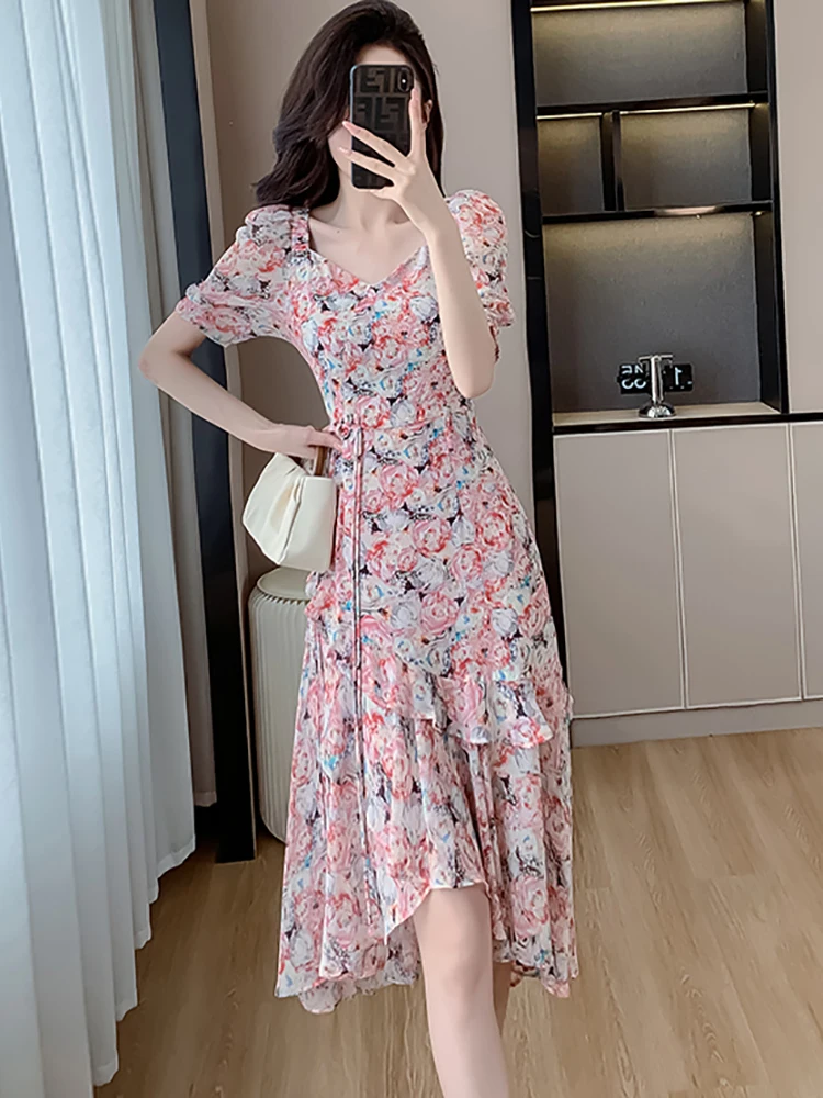 2024 New Pink Floral Mesh Short Sleeve Square Collar Dress Summer Elegant Ruffled Beach Dress Women Fashion Bodycon Party Dress