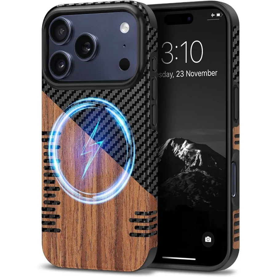 

Магнитный чехол, совместимый с iPhone 17 Pro, с текстурой дерева и текстурой из углеродного волокна, кожаный гибридный тонкий чехол с