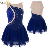 Figure Skating Dress for Kids Girls Performance Costumes Rhinestone Mesh Splice Ballet Dance Dresses Gymnastics Leotards