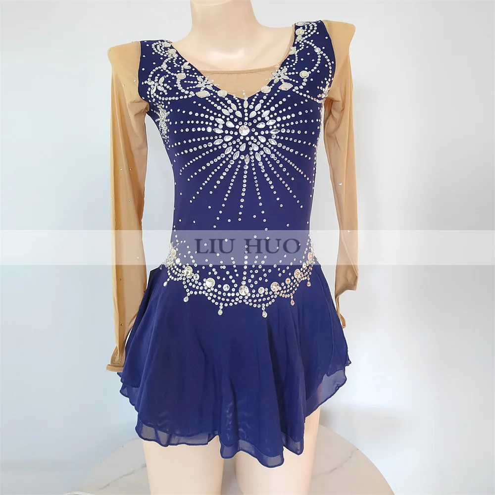 LIUHUO Ice Dance Figure Skating Dress Women Adult Girl Teen Customize Costume Performance Competition Dance Kid Navy Blue Roller